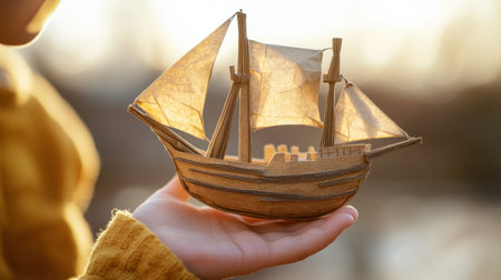 A young child carefully holds a small, intricately designed ship representing Columbus' vessel, illuminated by warm, natural sunlight during playtime.の素材
