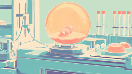 A cartoon drawing of a lab with a glass container on a table. The container is filled with a strange object that looks like a ball. The lab is filled with various objects, including a few bottlesの素材