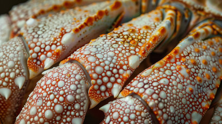 A close up of a crab's claw, with its claws and body visible. The claw is covered in small, white dots, giving it a unique and intricate appearanceの素材