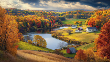 The landscape showcases colorful autumn foliage enveloping quaint farms beside a serene river, reflecting the beauty of the changing seasons.の素材