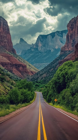 A winding road cuts through stunning mountain formations and lush greenery, showcasing the beauty of nature at dusk as clouds gather above.の素材