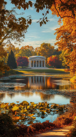 Visitors enjoy the tranquil ambiance of St Louis Forest Park as autumn leaves create a colorful backdrop. A historic pavilion stands gracefully by a peaceful lake.の素材
