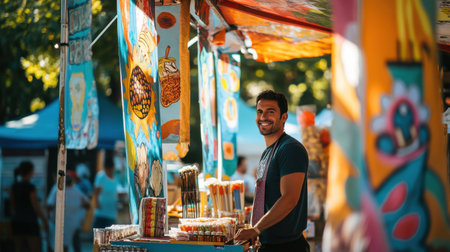 A cheerful vendor stands behind a vibrant stall, offering delicious snacks to visitors at a bustling street fair in the park during a warm afternoon.の素材