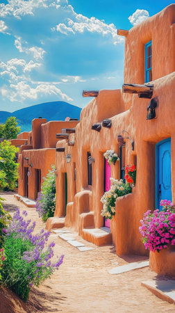 Quaint adobe buildings feature colorful doors and flower-filled window boxes, set against a stunning backdrop of mountains during a sunny day.の素材