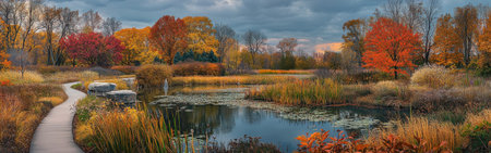 Visitors can enjoy the serene beauty of Morton Arboretum during autumn, with colorful leaves, a tranquil pond, and lush greenery creating a picturesque landscape.の素材