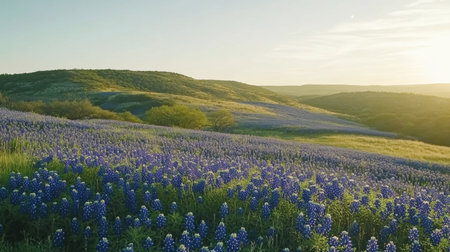 Vibrant bluebonnets blanket the rolling hills, swaying gently in the warm breeze as the sun sets, creating a picturesque springtime landscape.の素材