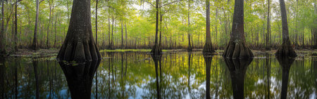 The panorama reveals still waters reflecting lush green trees in the Dismal Swamp, creating a tranquil atmosphere in this natural sanctuary.の素材