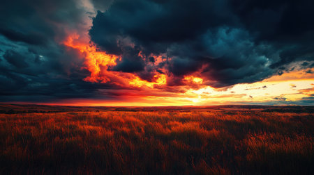 The sky bursts with vibrant oranges and reds as the sun sets behind dark, looming clouds, casting a dramatic light over the grassy expanse in autumn.の素材
