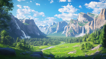 Experience the vibrant beauty of Yosemite Valley, where lush meadows meet towering granite cliffs and waterfalls tumble gracefully into serene streams under a bright sky.の素材