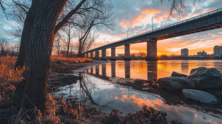 Golden hues paint the sky as the sun sets over the Christiana River, casting beautiful reflections on the water beneath the bridge and surrounding trees.の素材