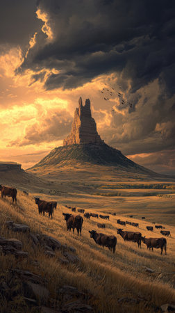 At Chimney Rock National, peacefully cattlely graze in sunlit fields while a dramatic sunset paints the sky with clouds over the iconic rock formation, creating a tranquil yet majestic atmosphere.の素材