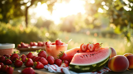 A vibrant assortment of fresh fruits, including luscious strawberries and juicy watermelon, adorns a picnic table in a sunlit garden.の素材