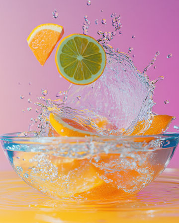 Citrus slices, including oranges and limes, create a lively splash as they hit the water in a glass bowl. The colorful backdrop enhances the refreshing scene.の素材