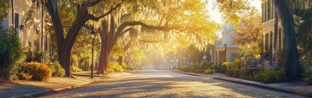 Golden sunlight cascades through the ancient oak trees in a serene Savannah street, inviting peaceful morning walks in the historic district. The cobblestone pathway adds charm to the scene.の素材