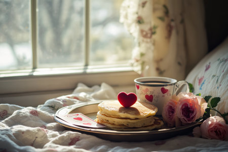 A warm breakfast is beautifully arranged on a tray with pancakes topped with a heart, a cup of coffee, and fresh roses by a sunny window.の素材