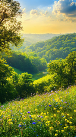 A breathtaking view showcases lush hills blanketed with vibrant wildflowers, illuminated by the warm glow of the setting sun, creating a peaceful atmosphere in nature.の素材
