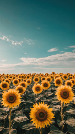 Bright sunflowers bloom across an expansive field, reaching toward a clear blue sky as the sun sets, illuminating the vibrant petals in warm light.の素材