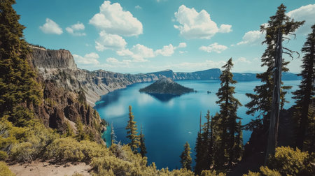 Visitors are captivated by the vibrant blue waters of Crater Lake, framed by steep cliffs and rich greenery, creating a serene and picturesque landscape under a bright sky.の素材