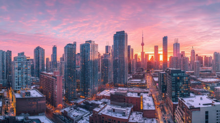 The sun sets behind the towering skyscrapers of Toronto, casting a warm glow over the city. Buildings reflect the vibrant hues of the evening sky, creating a captivating urban landscape.の素材