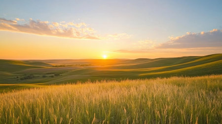 The sun sets beautifully over the Flint Hills, illuminating the undulating green landscape with golden hues and casting long shadows as day transitions to night.の素材