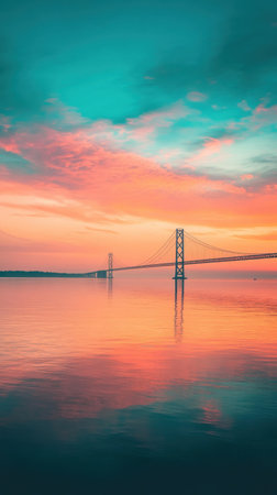 The Mackinac Bridge towers majestically as sunset casts vibrant colors across the sky and its reflection shimmers on serene waters, creating a picturesque landscape.の素材