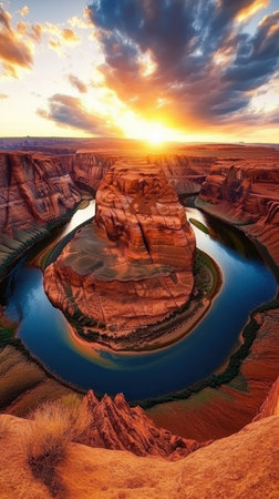 As the sun sets, vibrant hues illuminate Horseshoe Bend, casting reflections on the Colorado River and highlighting the dramatic rock formations of the canyon.の素材