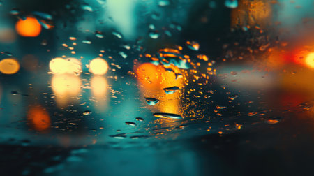 A single raindrop splashes onto a reflective surface, capturing the glow of city lights in warm hues during a rainy evening. The atmosphere feels cozy yet vibrant.の素材