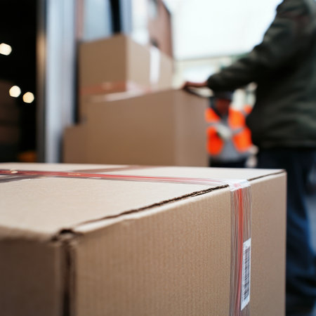 The image captures a close-up of a box being sealed securely with tape, while background workers manage other packages in the bustling shipping area.の素材
