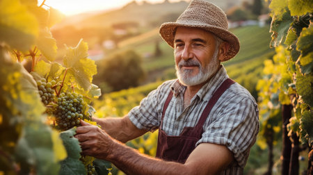 The man carefully inspects the lush green grapevines as the golden sunset casts a warm glow over the vineyard. His work highlights the rich tradition of winemaking.の素材