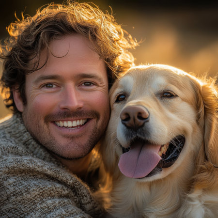 In a serene outdoor setting, a man with curly hair smiles widely as he hugs his golden retriever, both enjoying a warm and sunny afternoon together.の素材
