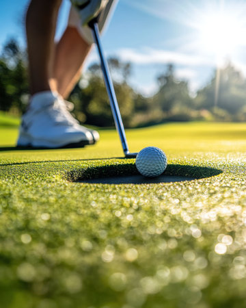 The golfer stands poised, adjusting their stance on the lush green. They concentrate on the small white ball and the hole, with sunlight shining brightly in the background.の素材