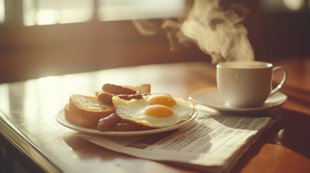 A hearty American breakfast featuring two sunny-sided up eggs, savory sausages, and toast, accompanied by a cup of steaming coffee on a cozy table.の素材