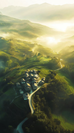 A tranquil mountain village emerges amidst lush greenery, with winding paths connecting homes. Soft morning light casts a warm glow, enveloping the landscape in mist.の素材