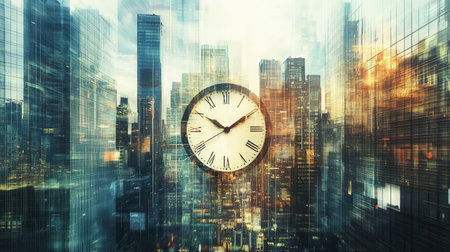 An urban landscape merges with a clock face, representing the flow of time amidst skyscrapers. The dusk lighting enhances the ethereal quality of the scene.の素材