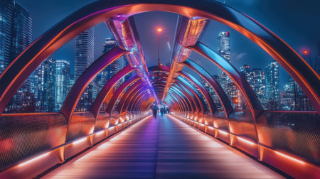 The pedestrian bridge is awash in colorful lights, creating a striking contrast against the city skyline. People stroll leisurely, enjoying the urban ambiance at night.の素材