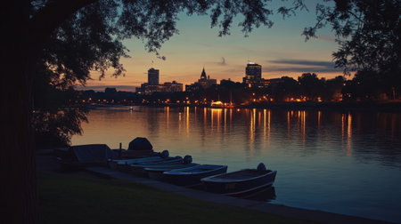 As twilight sets in, the Connecticut River glows with city lights reflecting on the calm water. Boat silhouettes cast shadows against a vibrant skyline, creating a serene atmosphere.の素材