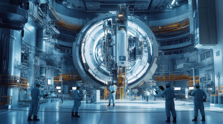 A group of researchers in protective gear examines a state-of-the-art nuclear fusion reactor, demonstrating cutting-edge energy advancements in a sleek laboratory environment.の素材