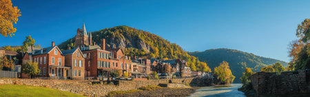 Explore the rustic beauty of the historic town located beside a serene river, vibrant with fall colors and framed by verdant hills on a sunny day.の素材