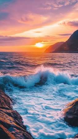 The sun sets dramatically over the rugged coastline, casting colorful reflections on the water as waves crash against the rocks, creating a serene coastal atmosphere.の素材