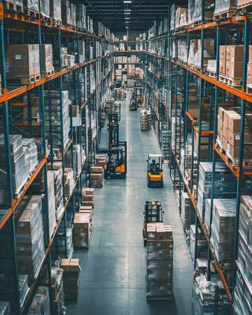 The shot captures a bustling industrial warehouse where forklifts transport stacked boxes between aisles lined with shelves full of products, showing effective logistics.の素材