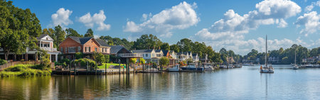 The serene waterfront showcases charming houses lined along the bank, with a sailboat gently gliding on the calm water under a bright blue sky dotted with fluffy clouds.の素材