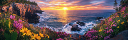 Golden sunlight reflects off the ocean waves, illuminating the rocky coastline and blooming wildflowers in Acadia National Park during sunset.の素材