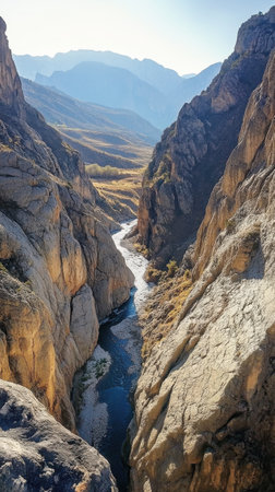 The deep canyon showcases steep rock walls with a winding river flowing through its base, surrounded by rugged mountains illuminated by sunlight.の素材