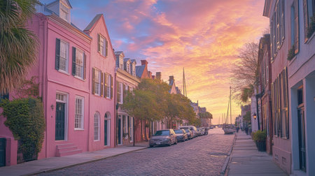 The historic streets of Charleston come alive at sunset, showing vibrant homes against a colorful sky. The calm harbor adds to the serene atmosphere of this charming city.の素材