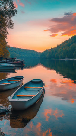 As the sun sets over the peaceful waters of the lake, colorful reflections shimmer on the surface, while rowboats rest gently at the shore, creating a serene atmosphere.の素材