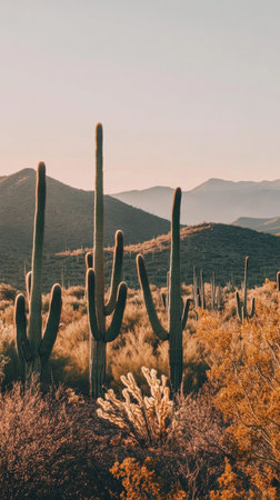 Golden light bathes the towering saguaros in Saguaro National Park as mountains rise softly in the background, creating a tranquil desert landscape perfect for reflection.の素材