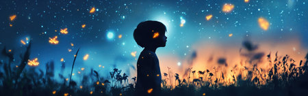 A child stands quietly in a field amidst wildflowers, illuminated by glowing elements. The twilight sky is filled with stars and lights, creating a whimsical atmosphere.の素材