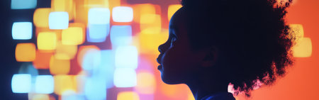 A child gazes in wonder, illuminated by a vibrant glow from colorful lights at an evening gathering. The moment captures innocence and fascination as colors dance around.の素材