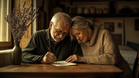 An elderly couple sits close together at a wooden table, engaging in a creative activity. The atmosphere is warm and intimate, capturing their bond and shared joy.の素材