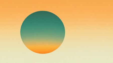 A vibrant gradient circle blends warm hues of orange and yellow with cool tones of teal and blue. This artwork showcases a minimalist aesthetic against a serene background.の素材